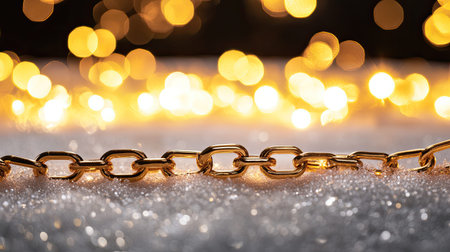 A stunning close-up showcases a gold chain resting on sparkling snow, with beautiful warm bokeh lights creating an enchanting atmosphere perfect for festive celebrations.の素材