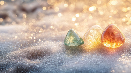 A stunning close-up of colorful gemstones resting on a sparkling surface, enhanced by a dreamy background of glimmering lights, highlighting their unique beauty.の素材
