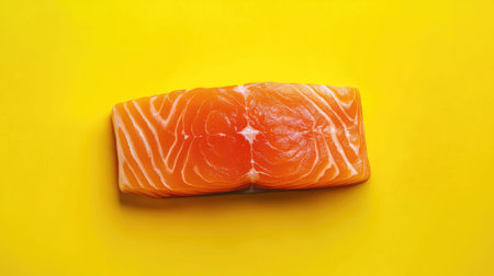 This image features a fresh raw salmon fillet displayed against a bright yellow background, highlighting its rich colors and fine texture perfect for culinary presentations.の素材