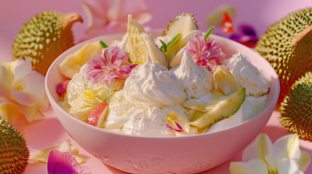 This vibrant bowl features a delightful mix of whipped cream, tropical fruits, and flowers, creating an enticing dessert perfect for summer gatherings.の素材
