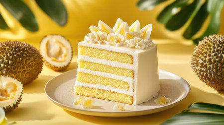 This vibrant image showcases a delicious layered cake with creamy frosting, adorned with decorative fruits, set against a lively yellow backdrop, celebrating indulgence.の素材