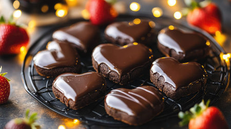 Indulge in these heart-shaped chocolate cookies, beautifully decorated and paired with vibrant strawberries, perfect for celebrations or romantic occasions.の素材