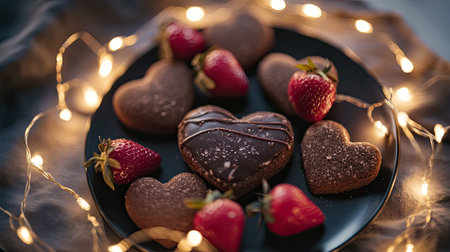 A delightful arrangement of heart-shaped chocolate cookies surrounded by fresh strawberries and twinkling lights, perfect for romantic moments.の素材