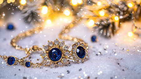 A stunning piece of gold jewelry featuring blue sapphires, resting on a bed of snow with twinkling holiday lights in the background, creating a festive atmosphere.の素材