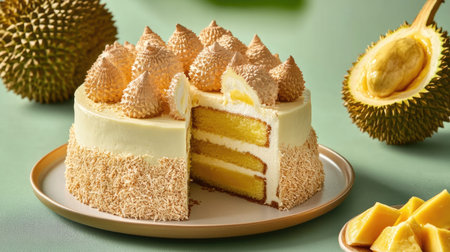 A stunning durian cake featuring soft layers, rich cream, and elegant decorations. Perfect for celebrations or as a delightful treat, showcasing tropical flavors.の素材