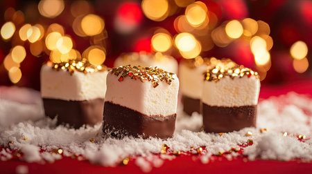 A beautiful arrangement of chocolate dipped marshmallows, sprinkled with gold, set on snowy white and illuminated by warm bokeh lights. Perfect for festive occasions!の素材