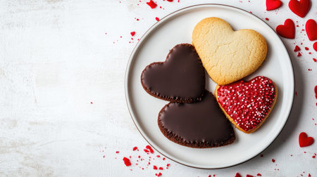 A delightful arrangement of heart-shaped cookies featuring chocolate icing and colorful sprinkles, perfect for celebrating love or special occasions.の素材