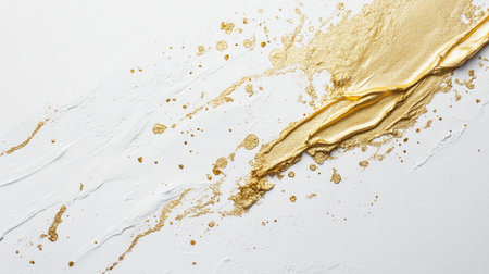 This stunning abstract artwork features elegant gold and white textures with dynamic splashes and streaks, perfect for stylish interior design projects.の素材