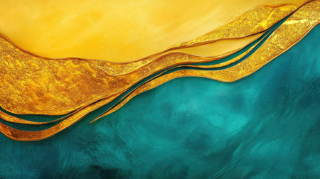 This stunning abstract art piece features flowing textures in gold and teal, creating a vibrant atmosphere. Ideal for modern design and decor projects.の素材