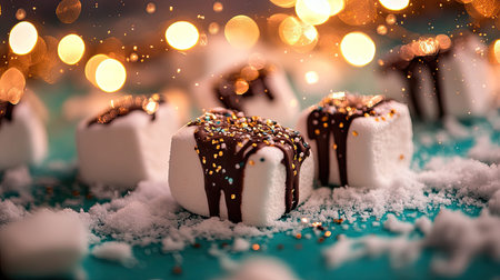 A visually appealing arrangement of marshmallows drizzled with chocolate and adorned with sprinkles, set against a sparkling background, evoking a cozy atmosphere.の素材