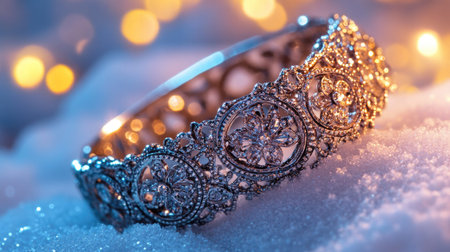 An exquisite silver bracelet featuring intricate designs and shimmering gemstones, beautifully set against a frosty background evoking winter beauty.の素材