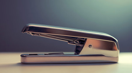This close-up image features a shiny silver stapler on a simple background, highlighting its sleek design and utility in an office setting.の素材