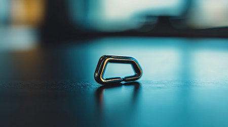 A detailed close-up of a metal carabiner clip resting on a smooth surface, showcasing its design and texture, perfect for adventure or utility themes.の素材