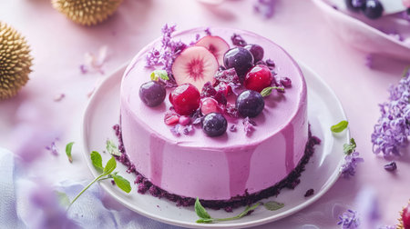 A stunning pink dessert featuring a creamy texture, adorned with fresh berries and delicate flowers, perfect for any celebration or special occasion.の素材