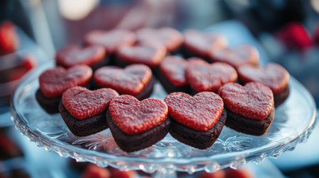 A stunning display of heart-shaped desserts featuring rich chocolate bases topped with vibrant red velvet frosting. Perfect for romantic events.の素材