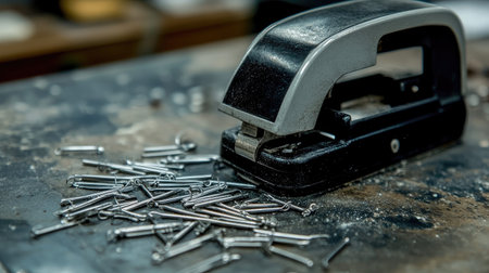 A detailed close-up of a stapler resting on a wooden work surface, surrounded by scattered metal staples, highlighting essential office tools and productivity.の素材