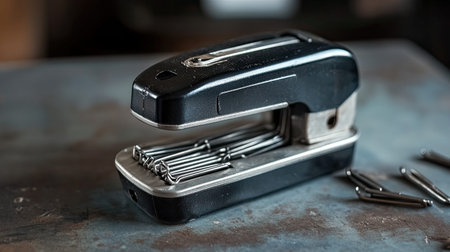 A close-up view of a classic black stapler with metal staples, resting on a rusty surface. Ideal for highlighting office supplies and everyday tools.の素材