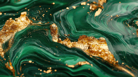 Stunning abstract image featuring a rich green marble texture enhanced with shimmering gold accents, perfect for various artistic, design, and decorative uses.の素材