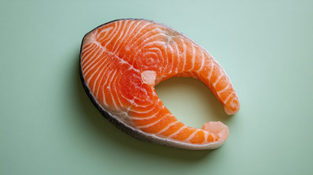 This image showcases a fresh salmon slice with striking orange flesh set against a soft green background, perfect for culinary and food presentations.の素材