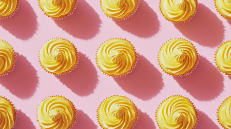 A stunning and colorful arrangement of yellow cupcakes topped with swirled frosting, set against a bright pink background, perfect for showcasing dessert beauty.の素材