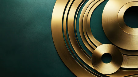 This image features elegant golden circles arranged on a dark green background, showcasing smooth textures and a contemporary design perfect for modern decoration.の素材