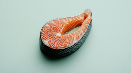 This image showcases a beautifully presented fresh salmon fillet, highlighting its vivid colors and intricate textures against a soft pale background. Perfect for culinary art or healthy eating themes.の素材