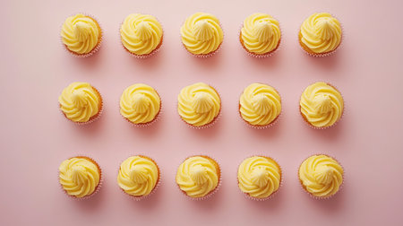 A stunning arrangement of delightful yellow cupcakes topped with creamy swirled frosting on a soft pink background. Perfect for dessert inspiration.の素材