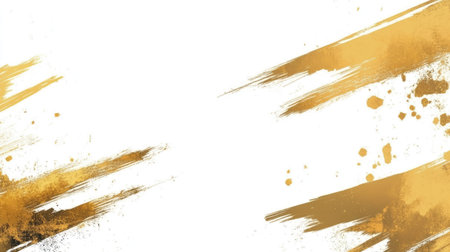 This image features dynamic golden paint brush strokes on a clean white background. Ideal for design projects, invitations, and modern artwork.の素材