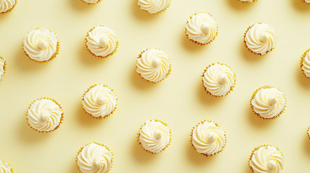 A visually appealing arrangement of whimsical cupcakes topped with creamy frosting set against a soft yellow background, ideal for celebrations and special events.の素材