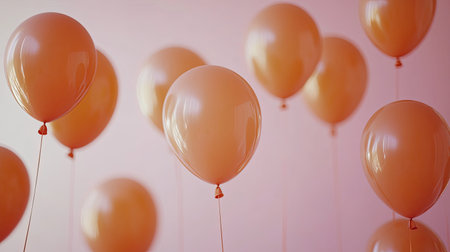 A collection of soft orange balloons floats against a light pink background, creating a whimsical and joyful atmosphere perfect for celebrations and events.の素材