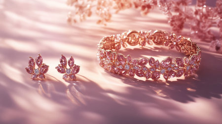 This stunning jewelry set showcases a rose gold bracelet and earrings, featuring intricate pink floral designs that exude elegance and luxury. Perfect for special occasions.の素材