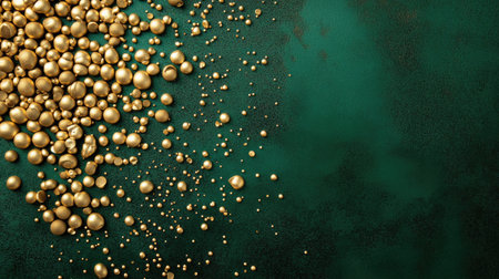 A stunning arrangement of golden beads on an emerald green background provides a touch of luxury and elegance, perfect for various creative projects.の素材