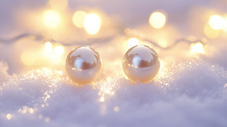 Two elegant golden pearls sit peacefully on a bed of soft snow, surrounded by sparkling fairy lights, creating a serene winter wonderland atmosphere.の素材