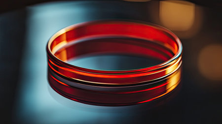 A stunning red glass bangle rests on a dark surface, highlighting its beautiful reflections and modern design. Perfect for showcasing elegance in jewelry.の素材