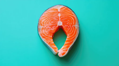 A striking image of a fresh salmon steak against a bright teal background, emphasizing vibrant colors and healthy options for cooking enthusiasts.の素材