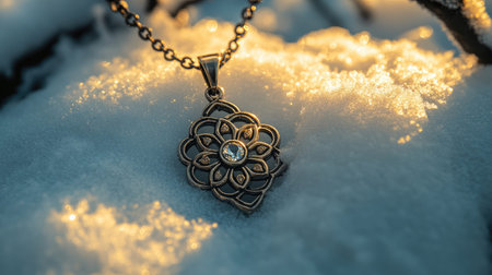 A beautiful silver pendant necklace featuring a flower design with a gemstone, delicately placed on snow. The soft sunrise light enhances the serene winter scene.の素材