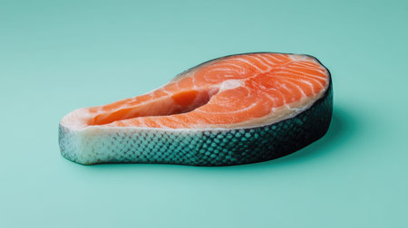 A vibrant slice of fresh salmon rests on a turquoise background, showcasing its rich color and texture. Ideal for food lovers and culinary enthusiasts.の素材