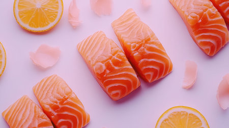 Bright and vibrant display of fresh salmon slices alongside lemon and pink ginger, perfect for culinary presentations, food photography, and sushi dishes.の素材