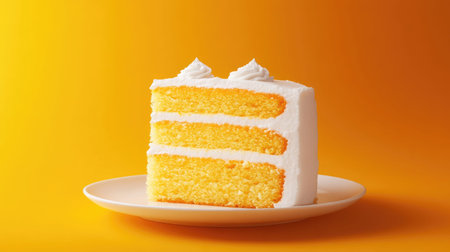 This vibrant image features a delicious layer cake with creamy frosting, beautifully presented on a plate against a bright orange background. Perfect for culinary creativity!の素材
