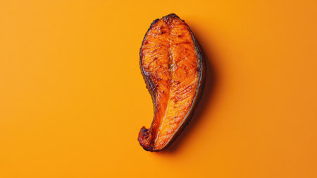 A beautifully grilled salmon steak rests against a vibrant orange background, capturing the juicy texture and appetizing glaze. Perfect for food lovers.の素材
