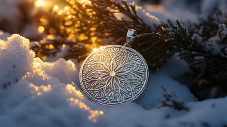A stunning silver pendant featuring an intricate floral design rests on a snowy surface, surrounded by green pine needles, and illuminated by soft sunlight.の素材