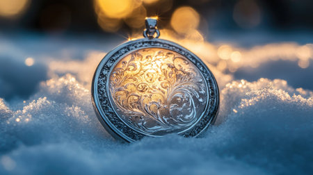 This captivating image features an elegant vintage pendant nestled in soft snow, surrounded by a warm glow that highlights its intricate design and craftsmanship.の素材
