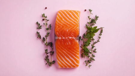 A fresh salmon fillet beautifully arranged with aromatic green herbs on a soft pink background, ideal for food styling and culinary inspiration.の素材