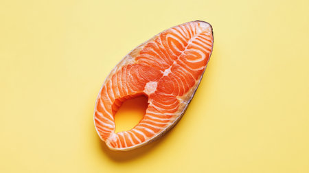 A vibrant slice of fresh salmon displayed against a bright yellow background, perfect for culinary themes, food photography, and healthy eating.の素材