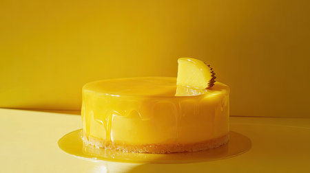 A stunning mango mousse cake sits elegantly against a bright yellow backdrop. Glossy, smooth surface highlights the dessert's flavorful allure, inviting indulgence.の素材