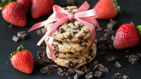 A visually appealing arrangement of homemade chocolate chip cookies tied with a pink ribbon, surrounded by fresh strawberries and dark chocolate chunks, perfect for dessert lovers.の素材