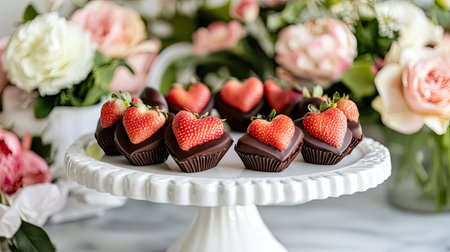 This vibrant image features heart-shaped chocolate-covered strawberries artfully arranged on a decorative cake stand, perfect for romantic occasions.の素材
