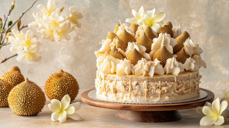 This exquisite durian cake showcases a creamy frosting topped with fresh floral decorations, making it a perfect centerpiece for any celebration.の素材