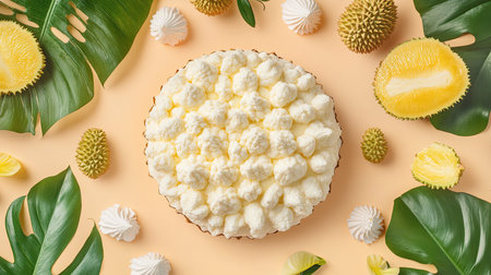 A stunning dessert featuring a fluffy whipped cream topping, surrounded by a variety of tropical fruits and lush green leaves, perfect for summer occasions.の素材