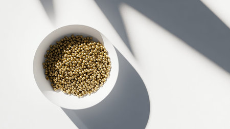 Close-up view of a simple bowl filled with healthy grains placed on a light surface, showcasing natural light and dramatic shadows for a serene atmosphere.の素材